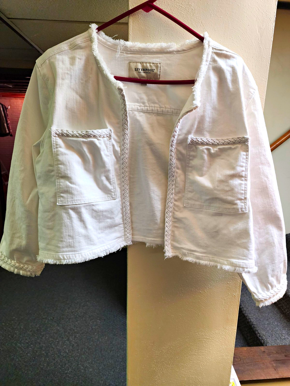 Liverpool Los Angeles Women's White Denim Fringe Open Front Jacket Pockets L